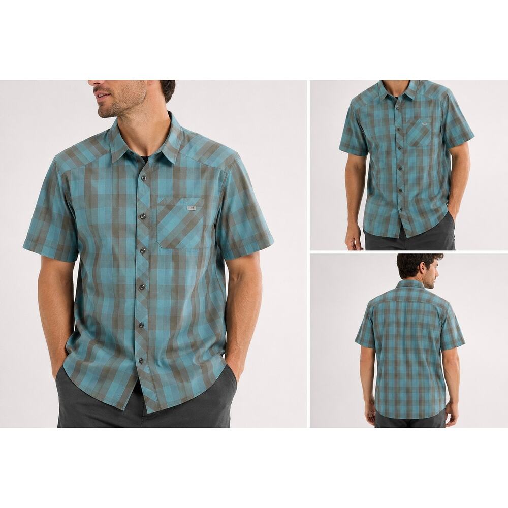 Arc’teryx Men’s Plaid Button Up Shirt Blue Gray Outdoor Hiking Short Sleeve